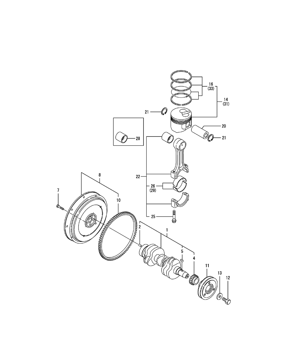 Yanmar Engine - Crankshaft And Piston Diagram and Parts List for 467 4X4-1H013H-1H294H-37BKD010 Cub Cadet Lawn Tractor Accessories